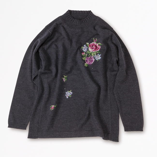 メリノウール刺繍セーター (A)ダークグレー L-LL