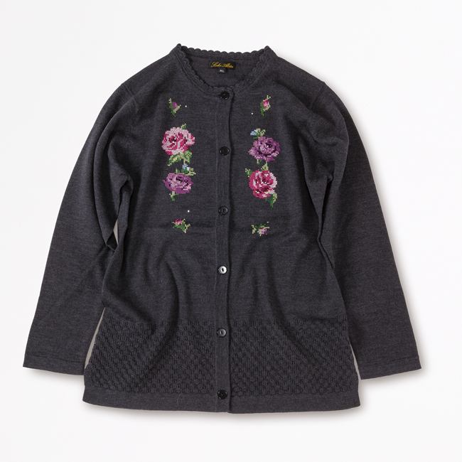 メリノウール 刺繍カーディガン (A)ダークグレー M-L